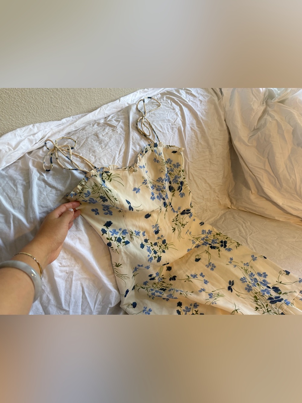 Reformation Cream Slip Dress with Blue Floral Print